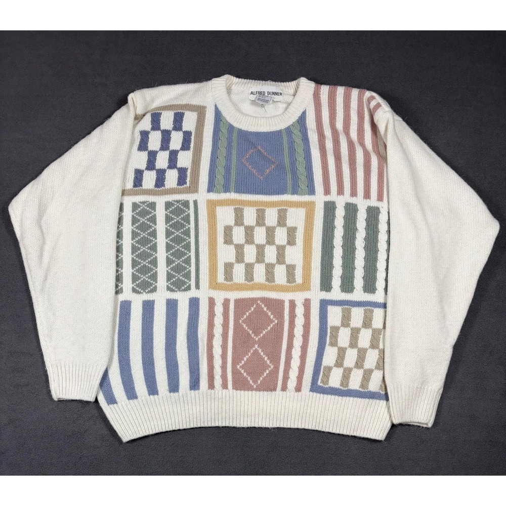 Alfred Dunner Sweater Womens XL Cream Geometric Patchwork Cable Knit Pullover